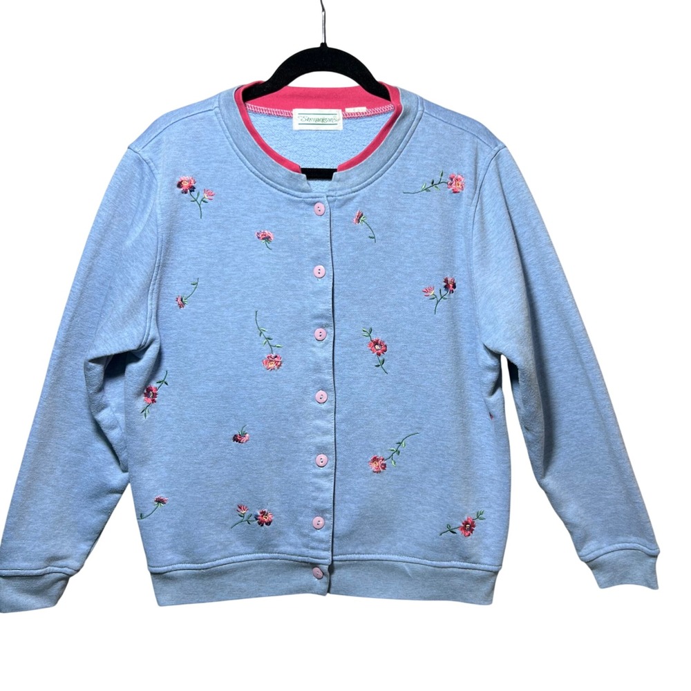 Vintage Shenanigans Floral Embroidered Button Front Sweatshirt Cardigan Blue‎ L